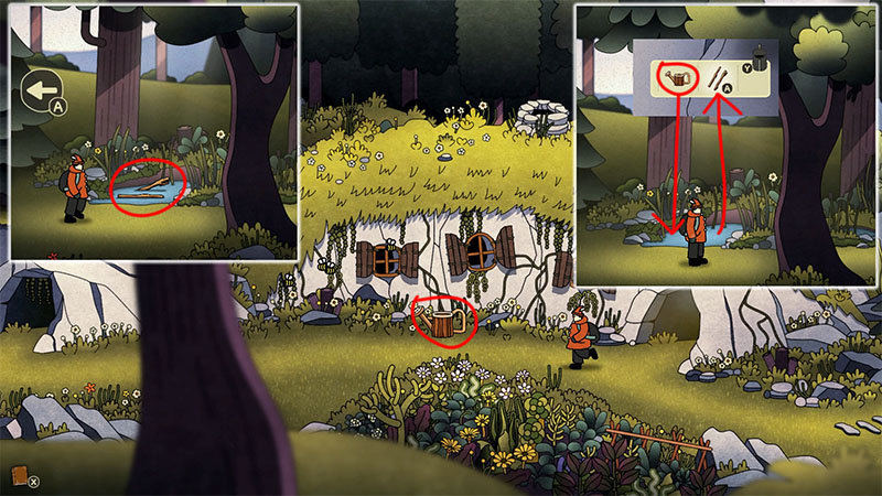 In front of the stone house in the jungle sits a watering can. The mini-map in the top-left corner shows a wooden stick, as well as the spot where you can fill the watering can with water.