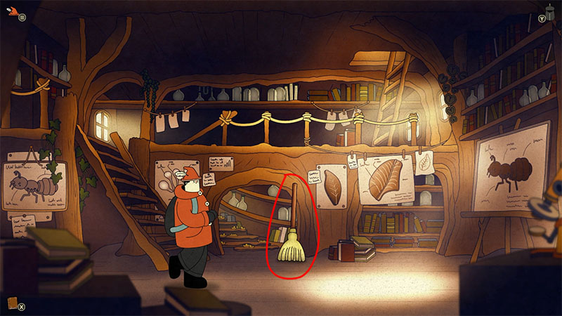 Game interior scene screenshot. In a dimly lit wooden study filled with insect and plant specimen charts on the walls, the protagonist stands on the left. A red circle highlights a yellow broom leaning against the wall next to a bookshelf.