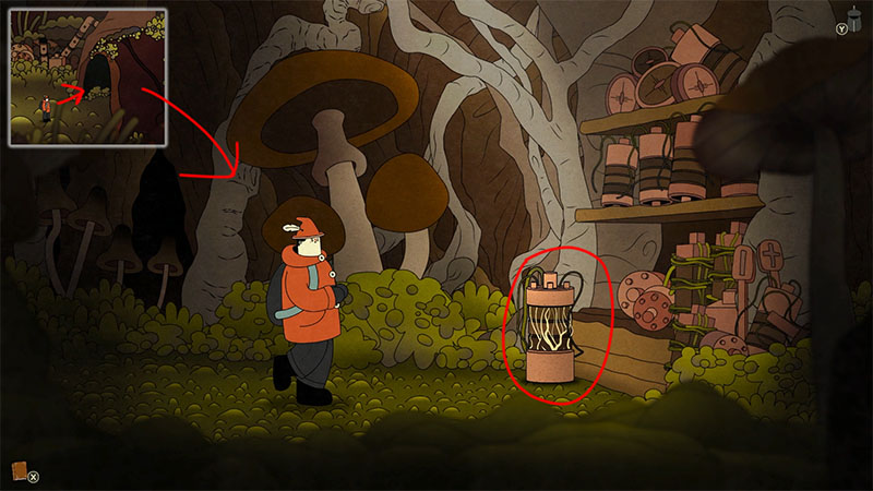 A character stands in a forest setting; the top-left inset map shows the target location (red arrow), while a red circle highlights an interactive device with wires on the right.