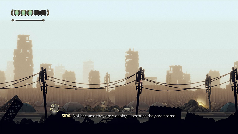 A distant wasteland view at dusk, with silhouettes of ruined high-rises rising through the haze; in the foreground, barbed-wire fences and scattered debris frame several small robotic figures on the ground.