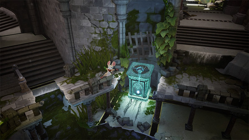 Quill stands on a mossy stone platform beside a glowing teal cube-shaped device. Ruined stone walls and debris surround her.
