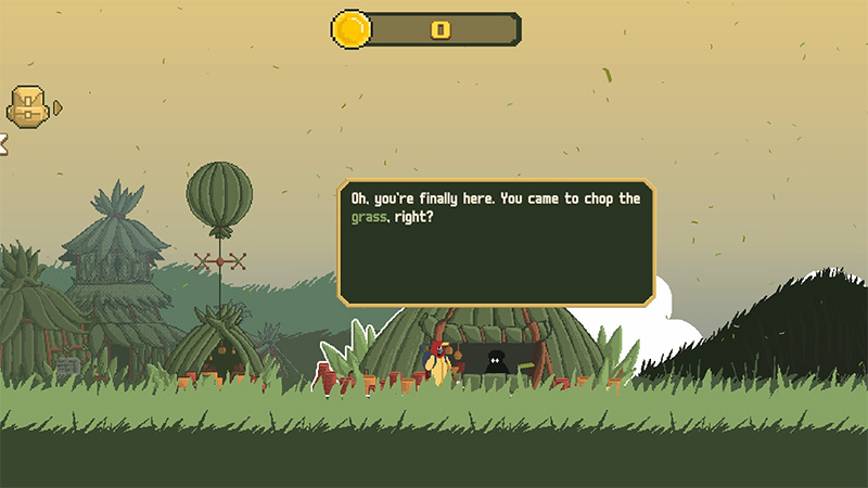 a red-capped character stands before thatched huts; an NPC dialogue box shows the text: “Oh, you’re finally here. You came to chop the grass, right?” Gold counter reads “0”; backpack icon top-left; background includes a green hot-air balloon and hill silhouette. Context: rural/farming-themed scene.