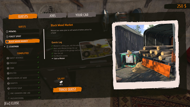 Quest log tracking "Black Wood Market". Pending steps: wait for delivery, clear garage, fix wreck. Reward: $60. Completed quests listed separately.