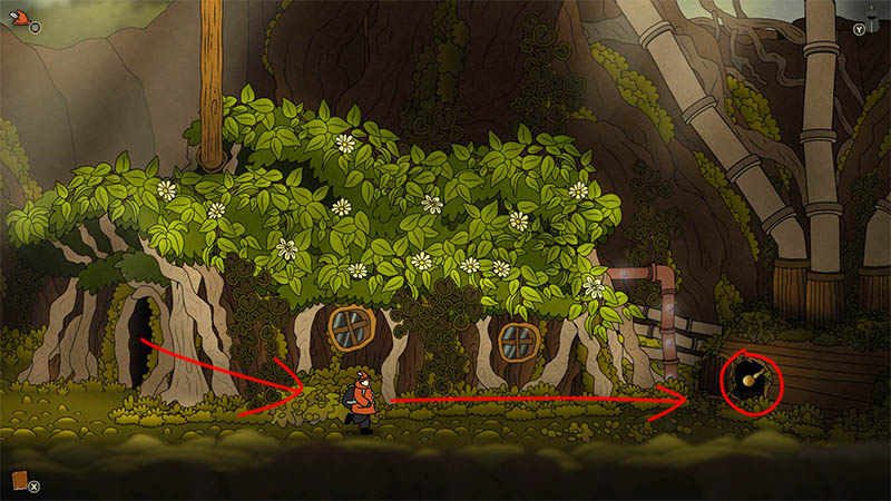 Vine-covered treehouses; orange-clad figure walks right toward a glowing circular device set into a wooden post. Bamboo pipes and thick trunks in background.
