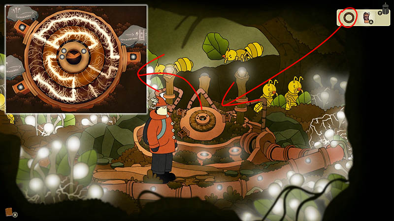 Power device repair complete with electrical circuits connected; Henry stands aside observing, while several ants crawl among the glowing mushroom clusters and rusty pipes.
