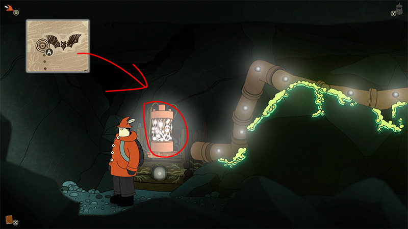 Henry powers the device with a fully charged battery, causing green glowing liquid to flow from the right pipe and illuminate the entire tunnel.