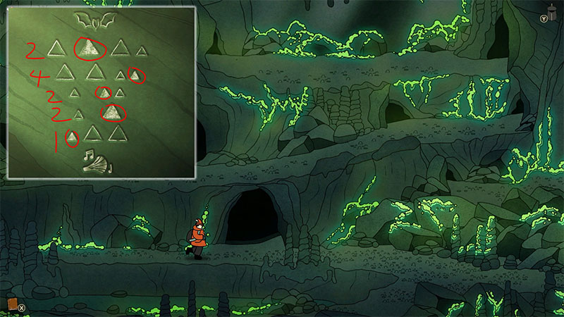 Henry stands at the bottom of a multi-layered cave with green glowing moss on walls; puzzle panel with triangles, numbers, and bat symbols appears in top-left.
