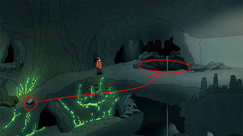 Henry stands in a dim underground cave with glowing green moss on the walls. A stone lies on the ground to the left, and a red arrow points to a circular mechanism deep on the right, indicating a puzzle solution path.