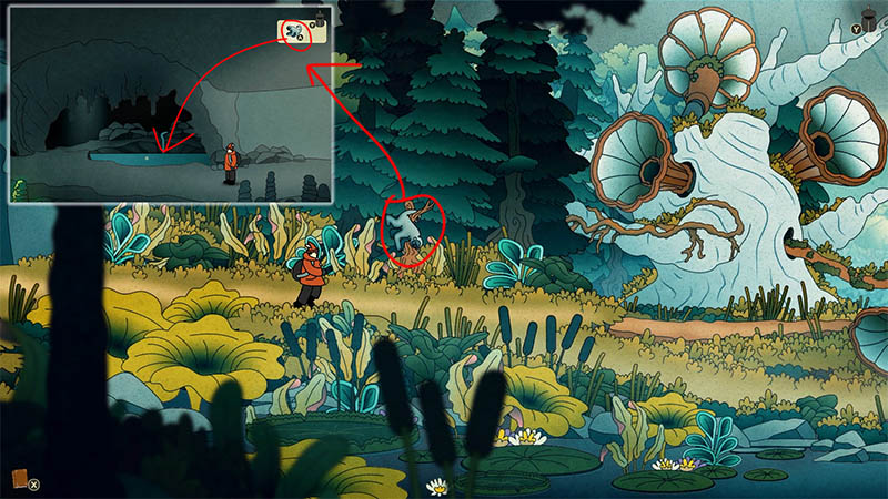 Henry walks through a forest filled with exotic plants, with giant white trumpet-shaped flora on the right. The inset shows him by a pool in a dark cave; red arrows trace a path from a blue creature in the forest to the cave pool.