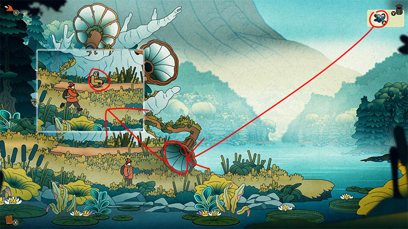 Henry stands by the lakeside with giant white trumpet-like plants and distant mountains in the background. Next to him is a dark plant; a red arrow points from this plant to an icon in the top-right corner, implying that using the megaphone device to trigger an interaction will successfully call and reveal the gorilla.