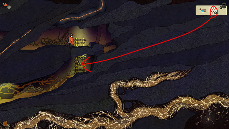 Character on ledge faces a log-and-rope ladder spanning a chasm; red arrow points to it, glowing path on left.