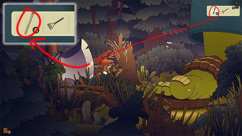 On the right is a giant green foot and mushroom-like object; on the left, a wooden-handled axe lies on the ground. A long red arrow points from the inventory icon in the top left to the axe, indicating where to use the item.