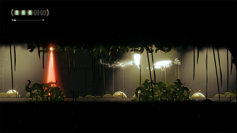Dark cavern with hanging vines: left—spiky creatures around a red beam; right—a glowing quadrupedal robot dog leaping, trailing sparks; industrial background, spherical objects on floor.
