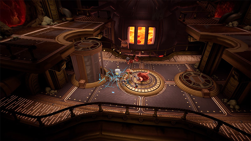 A steampunk industrial chamber with glowing orange furnaces in the background. In the center, a warrior in red armor stands on a circular platform, surrounded by blue electrical energy effects and shattered mechanical parts.