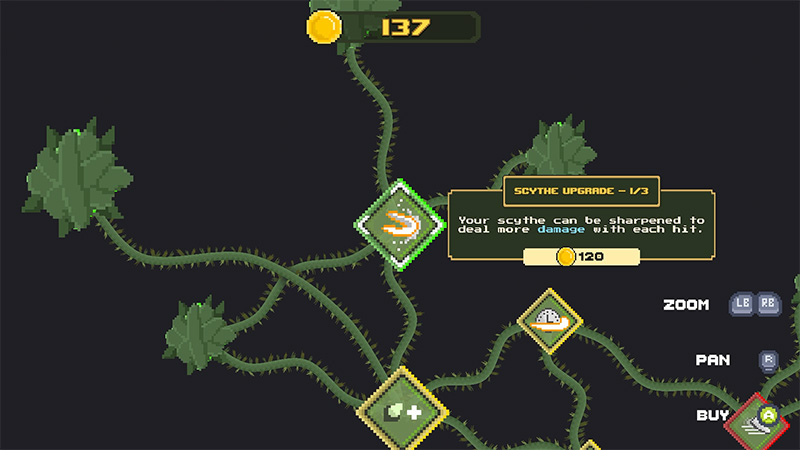 vine-like branches connect diamond-shaped nodes. Currently selected: “Scythe Upgrade – 1/3”, description: “Your scythe can be sharpened to deal more damage with each hit.” Cost: 120 gold. Top shows total gold: 137. Bottom-right displays controls: ZOOM, PAN, BUY. Context: farming/combat upgrade system.