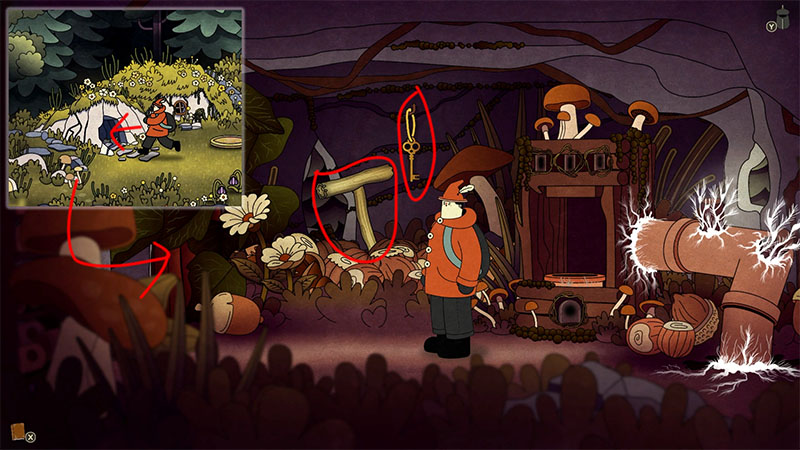 The player is in a cave room. On the right, there is a machine that looks like a charging station. On the left, there is a key and a wooden lever, with white flowers dotted in between.