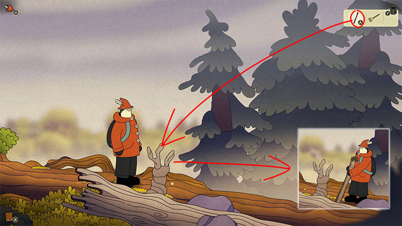 The protagonist in an orange jacket stands on a large fallen log facing a dead tree stump. A long red arrow points from the inventory icon in the top right to the stump, indicating an interaction point.