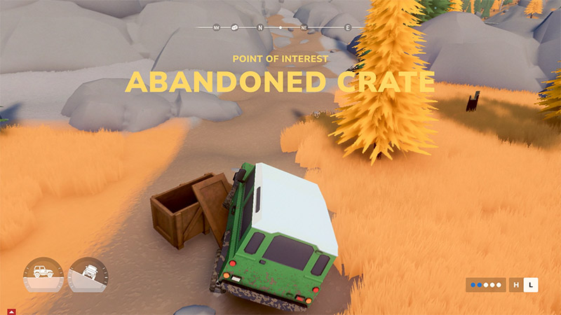 A green off-road vehicle parked beside an open wooden crate in a grassy, rocky landscape; on-screen text identifies it as a “Point of Interest: Abandoned Crate”.