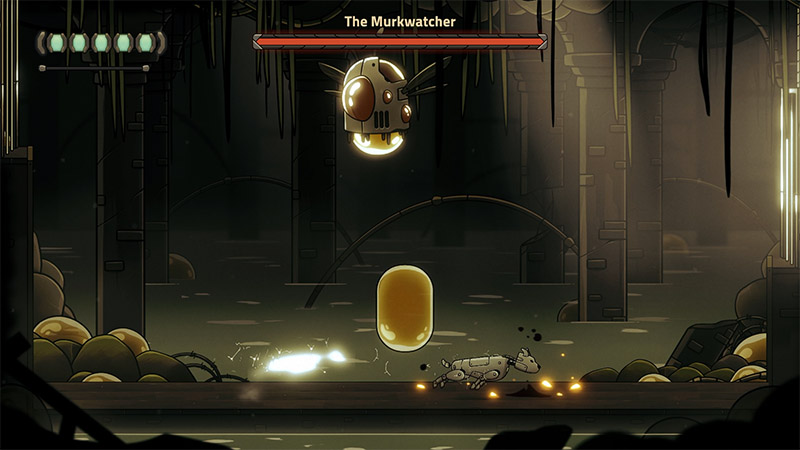 The Rusted: Robotic dog dodges in flooded ruin with vines; Murkwatcher throws bomb above, lightning icon trails behind.