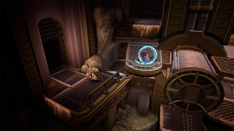 A small, mouse-like character with a red scarf stands on a dark metal platform in an ancient, ornate chamber. Ahead, a glowing blue energy sphere hovers above a pedestal, containing a curled red insectoid creature with segmented body and antennae. The environment features carved stone walls, rusted gears, and dim ambient lighting—suggesting a puzzle or containment chamber.
