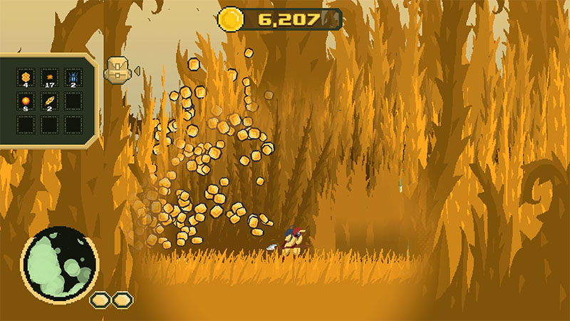 character harvests tall golden grass — upon impact, blades shatter into a burst of flying gold coins. Top-center: total gold 6,207; top-left: inventory; bottom-left: green translucent oxygen gauge (~70%). 