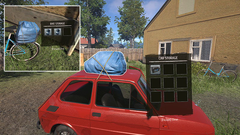 Red car with blue bundle on roof next to 9-slot car storage; inset shows bike with blue cargo on rear rack at 3-slot bike storage.