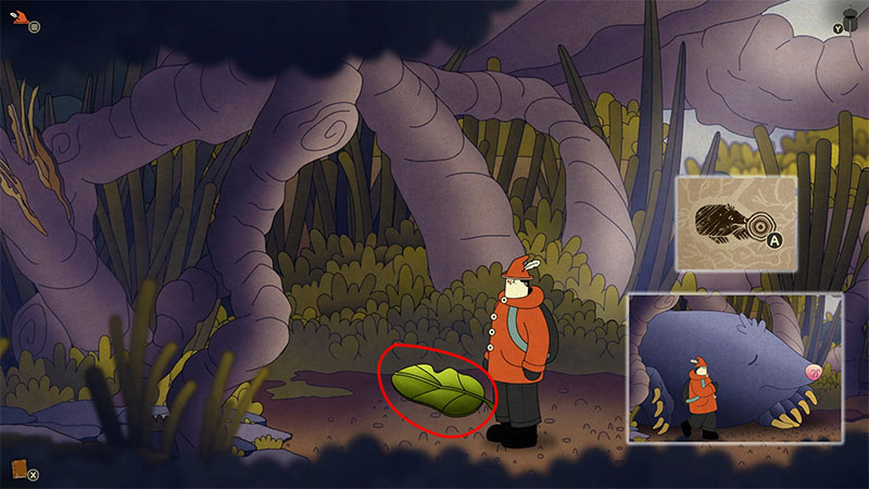 Giant purple limbs dominate the background while the protagonist in an orange jacket stands on the foreground ground. A red circle highlights a large green leaf near the protagonist's feet.