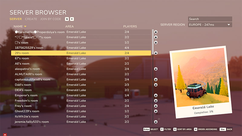 Server browser interface showing a list of multiplayer rooms in “Emerald Lake” area, with player counts and a highlighted room named “29’s room”; a polaroid-style preview displays the location’s autumn landscape and a vehicle.