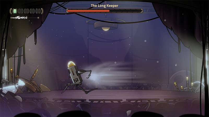 The Rusted: Long Keeper automaton dashes left across derelict theater stage with torn curtains and audience silhouettes.