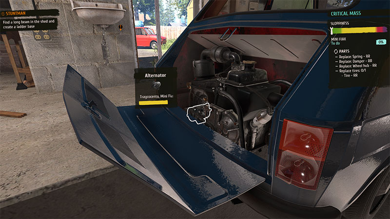 Open trunk of blue car showing engine; tooltip highlights alternator labeled "Tragocento, Mini Fix"; urgent repair list visible on right.