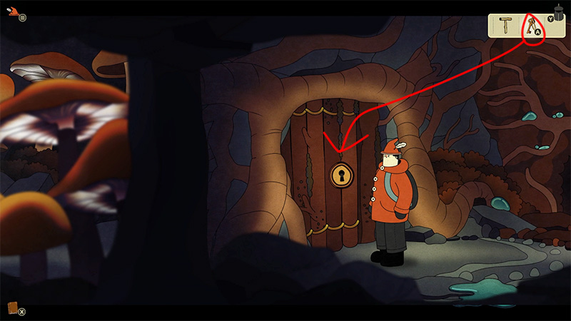 A character stands before a wooden door in a tree trunk, with a brass keyhole; mushrooms and roots surround the scene.