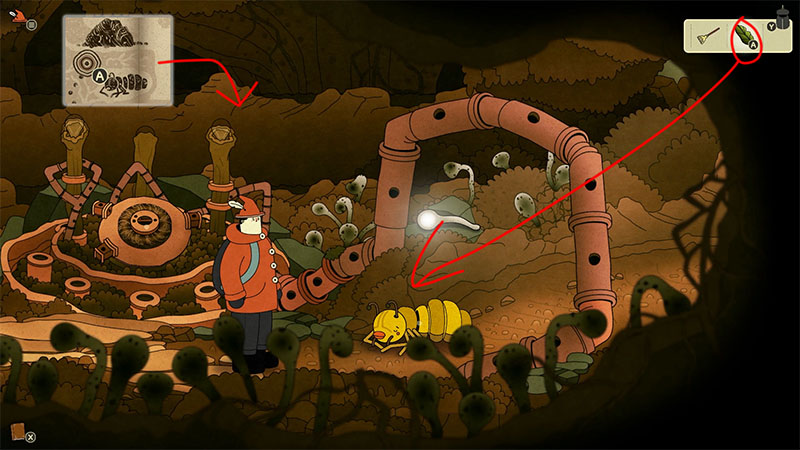 Underground cave scene filled with rusty pipes and glowing mushrooms. The protagonist stands on the left, facing a yellow-striped larva. A red arrow points from the inventory icon in the top-right corner to the larva, indicating the interaction target.