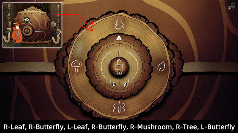 Wooden log-slice puzzle: central lock, outer ring with tree, mushroom, leaf, and butterfly icons—some marked L/R.