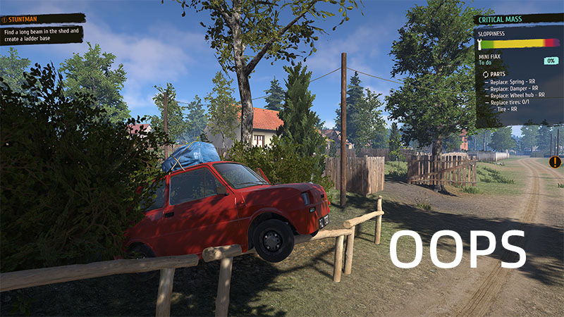 Red car stuck on wooden fence, front wheels lifted, blue bundle still on roof; large "OOPS" text bottom-right; urgent repair list ("CRITICAL MASS") shows required parts.