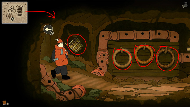 In a dim underground passage, the protagonist approaches a large wooden door. Red circles mark the wooden barrel held by the protagonist and three woven rings hanging on the door.