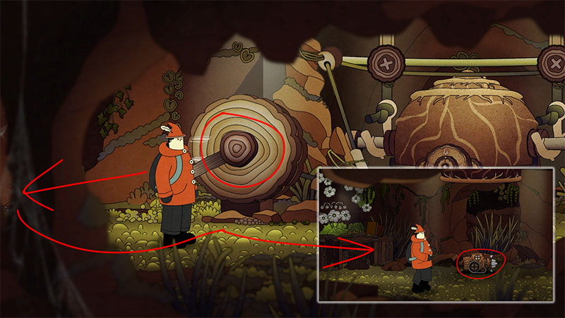 Cave scene: orange-clad figure left; central wooden dial with axle; right: pipe-connected clay vessel; vines on rock wall.
