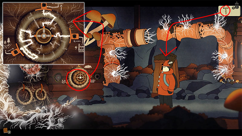 A character stands before wooden pipes emitting electrical sparks; a circular mechanical device with dials and pointers is on the left, with coils and mushrooms nearby.