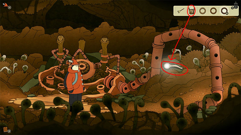Underground cave scene filled with rusty pipes and glowing mushrooms. The protagonist stands on the left facing a large, glowing white oval object on the ground—an ant egg.