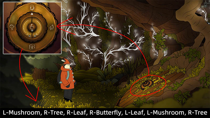 Orange-clad figure in cave foreground; glowing white bare trees behind; circular mechanism with rings embedded in mossy log right.