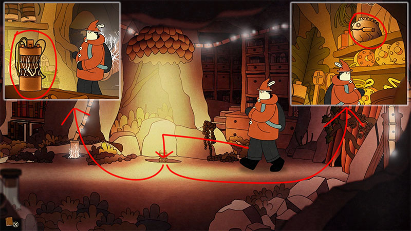 A tent in a room with a ladder leading down to a basement containing batteries and a frog croak simulator.
