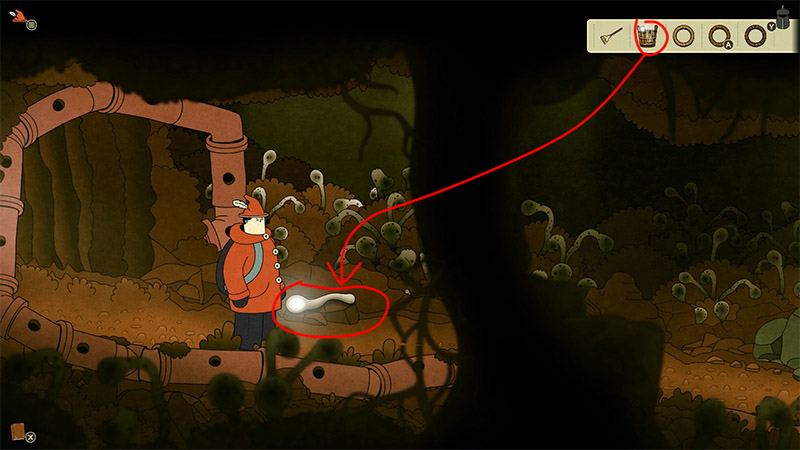 The protagonist stands directly in front of the ant egg, leaning forward slightly as if carefully scooping or covering the large egg with the bucket. The red arrow still points from the bucket in the inventory to the egg, emphasizing the current action focus. The surroundings are dimly lit, with only the egg emitting a soft glow.