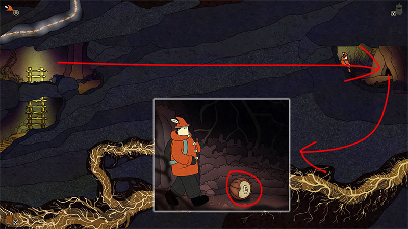 A hidden opening on the right side of a stone cave, covered by root-like branches below, leading to squirrel food.