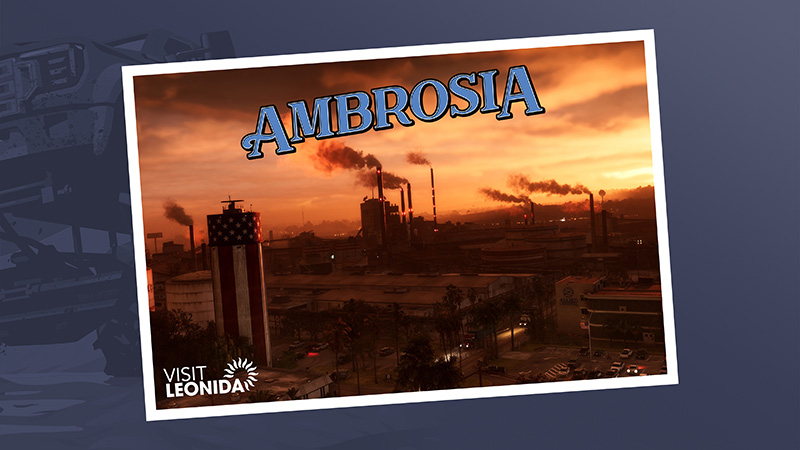 AMBROSIA postcard: sunset view of an industrial zone with multiple smokestacks emitting plumes, a water tower painted with an American flag motif, palm trees in the foreground, and low-rise buildings under an orange-hued sky; stylized blue “AMBROSIA” text across the top.