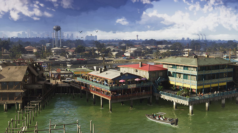 GTA6 official scene screenshot: Waterfront dockside community in a Miami-inspired city, featuring weathered wooden piers, vibrant multi-story buildings with peeling paint and rusted railings, an airboat navigating algae-rich green water, and distant skyline with water tower and industrial smokestacks under partly cloudy skies.