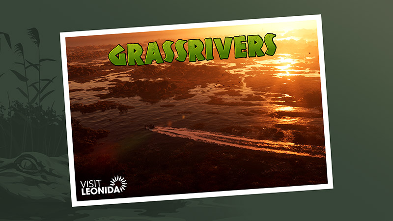 GRASSRIVERS postcard: aerial sunset view of a marshland with winding waterways, reeds, and scattered vegetation; a speedboat leaves a white wake across the water; stylized green “GRASSRIVERS” text across the top.