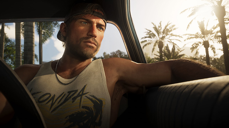 GTA6 Jason seated in a vintage car at golden hour—backward cap, silver chain, palm-print tank top; sun flares through palm-framed windows, highlighting his focused gaze.