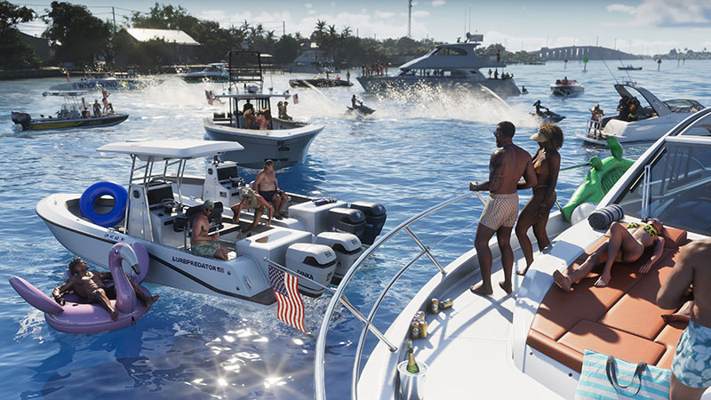 GTA6 official scene: A lively daytime boating party in coastal waters—multiple vessels including a white center-console boat with “LUREPREDATOR 91” and US flag, inflatable flamingo float, luxury yacht deck with sunbathers, and speedboats creating wakes; palm-lined shore and bridge in background.