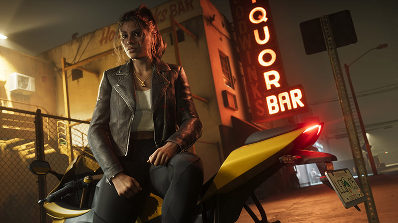 GTA6 Lucia Caminos seated on a yellow motorcycle at night—black leather jacket, white top, dark pants; neon “LIQUOR BAR” sign in background, wet pavement reflecting streetlights and tail light glow.