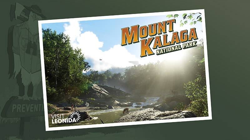 MOUNT KALAGA NATIONAL PARK postcard: sunlit forested river valley with rocky banks, a shallow stream, scattered hikers and wildlife (including a deer), dense green trees, and misty mountain slopes in the background; stylized orange-yellow “MOUNT KALAGA NATIONAL PARK” text across the top.