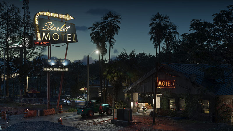 GTA6 official night scene: Starlet Motel neon sign glowing against twilight sky, with weathered wooden building covered in ivy, a vintage green pickup truck parked on unpaved ground, palm trees silhouetted in background, and ambient street lighting casting soft halos — showcasing realistic neon emission, volumetric fog scattering, and cinematic low-angle environmental composition for open-world nighttime ambiance.